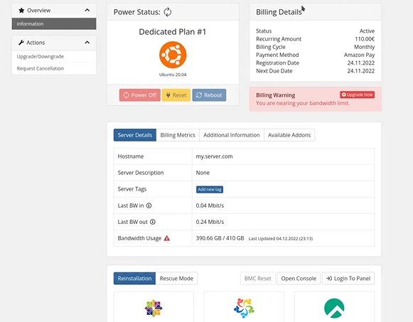 Dedicated Server Instant Control panel